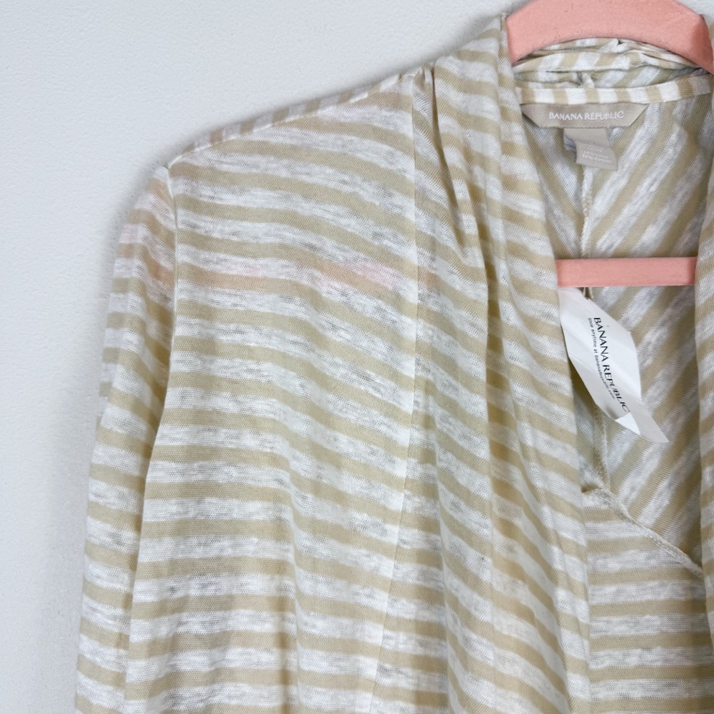 NWT Banana Republic Tan White Striped Linen‎ Blend Lightweight Open Cardigan Med - Picture 2 of 8